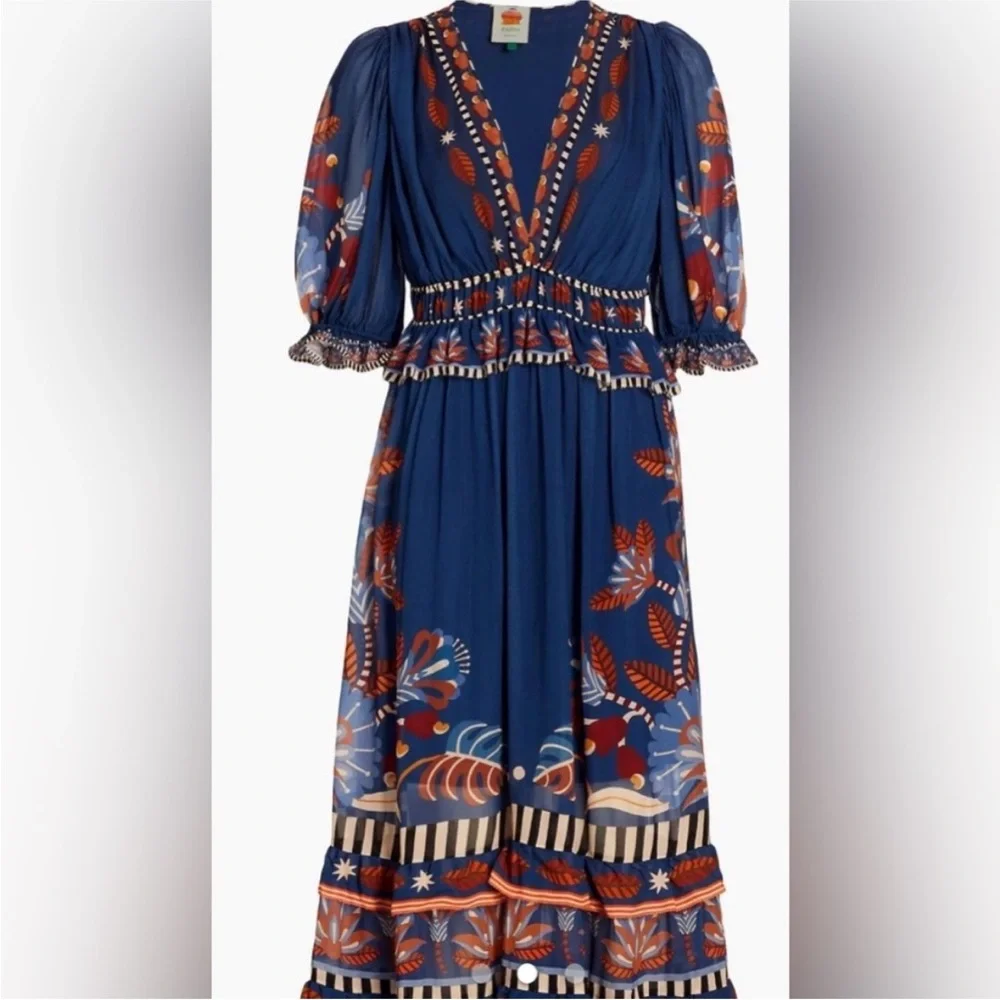 Farm Rio Nature Beauty Maxi Dress Blue Boho Print Short Sleeve Size Large NWT - Picture 3 of 12